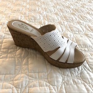 Spring Step White Leather Cork Wedge Sandal. Italy.